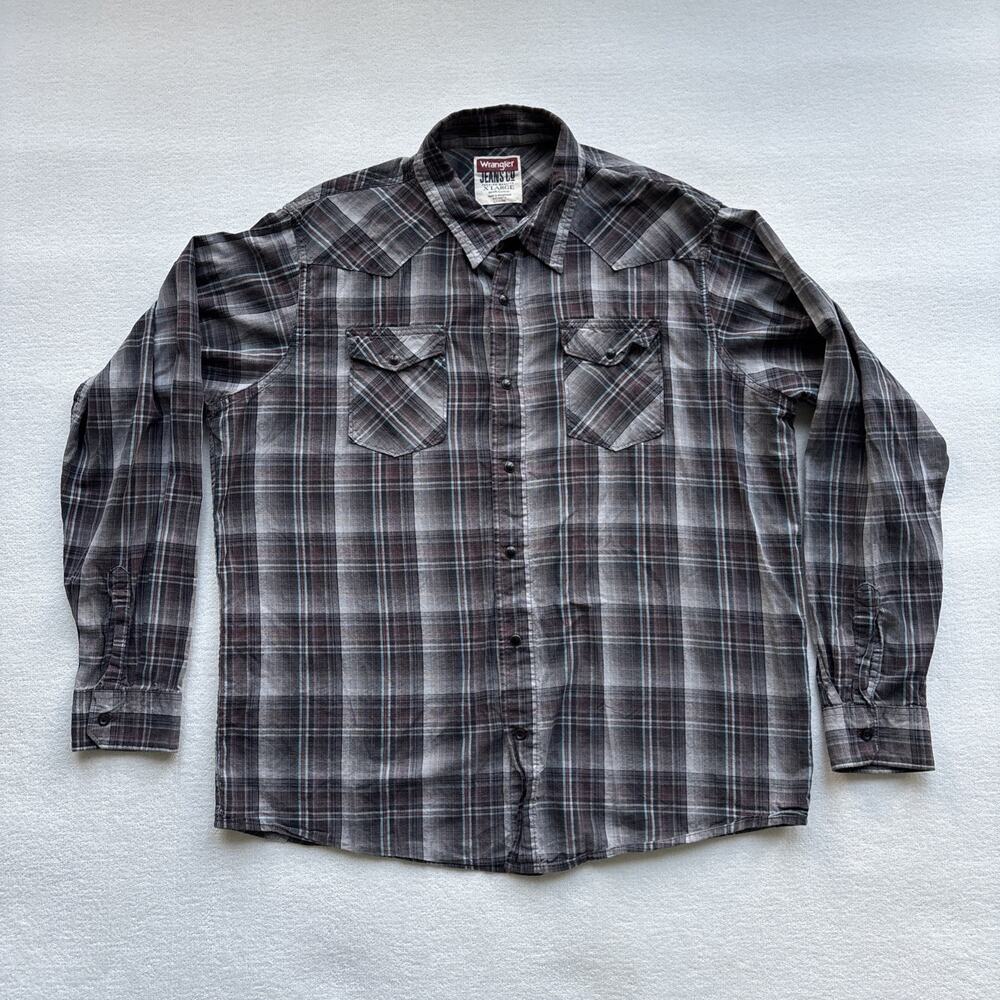 Wrangler Jeans Co Men X Large Plaid Western Shirt Pearl‎ Snap Long Sleeve Gray